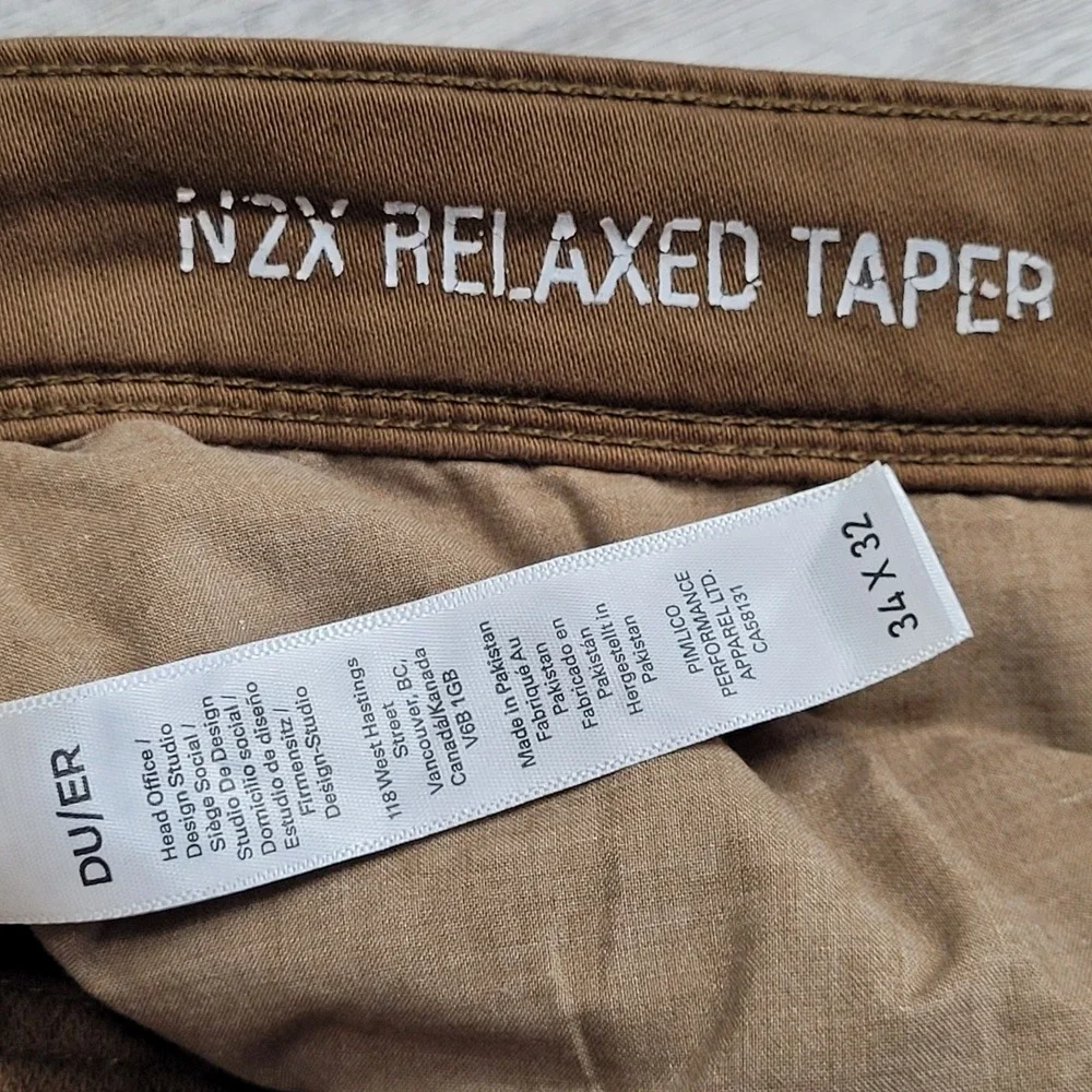 👖DU/ER DUER Pants Mens 34x32 Tan-Camel N2X Relaxed Taper Performance Stretch